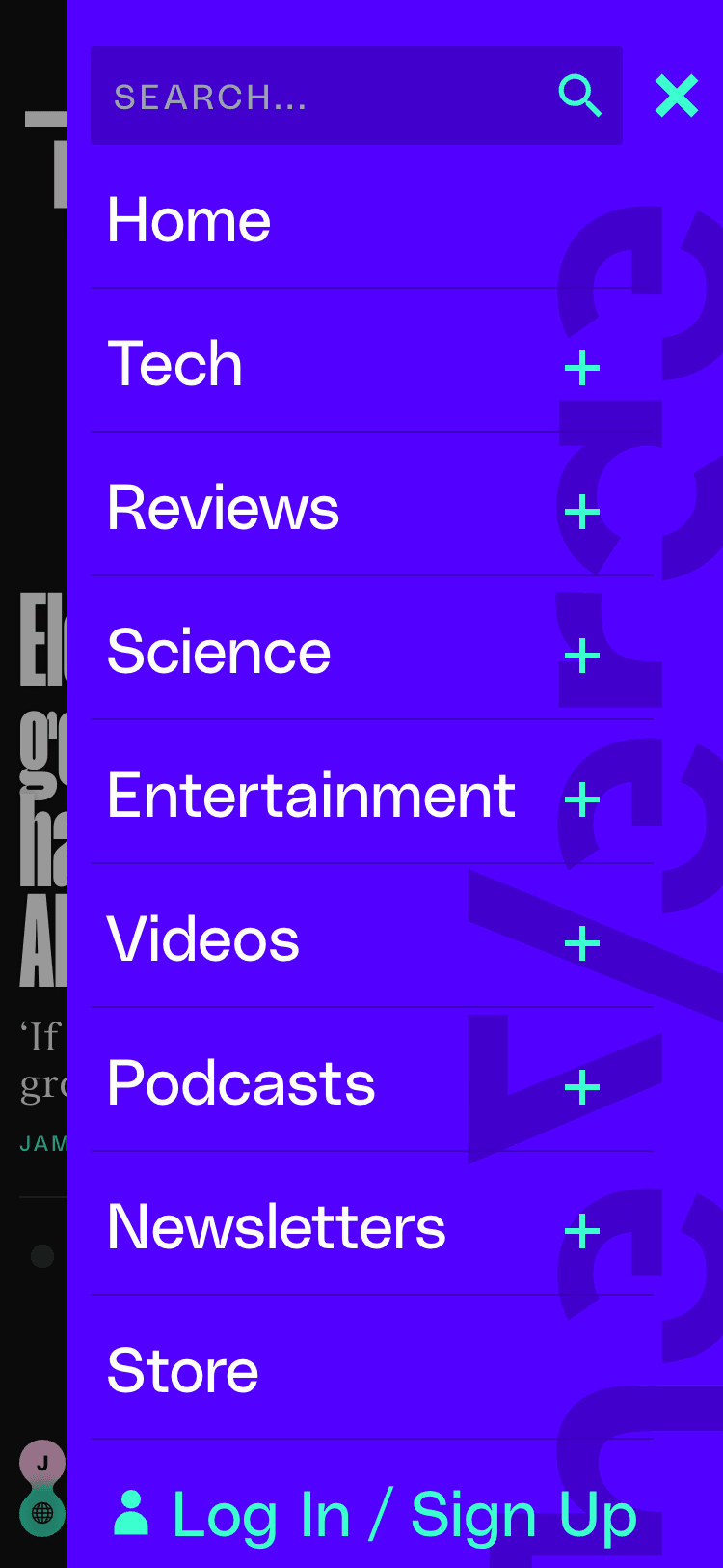 Mobile screenshot of the Verge site navigation. The navigation covers the whole screen and has a search bar and close button at the top. Below that is a list of page links to the various site sections such as 'Science' or 'Reviews'.