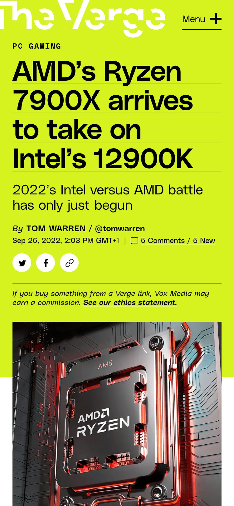 Mobile screenshot of an article on the Verge website. The header contains the Verge logo and a menu button. The article title is displayed in large lettering alongside a summary paragraph and article meta data such as authors, publish date, category, and number of comments. In the lower half of the screen is a featured image.