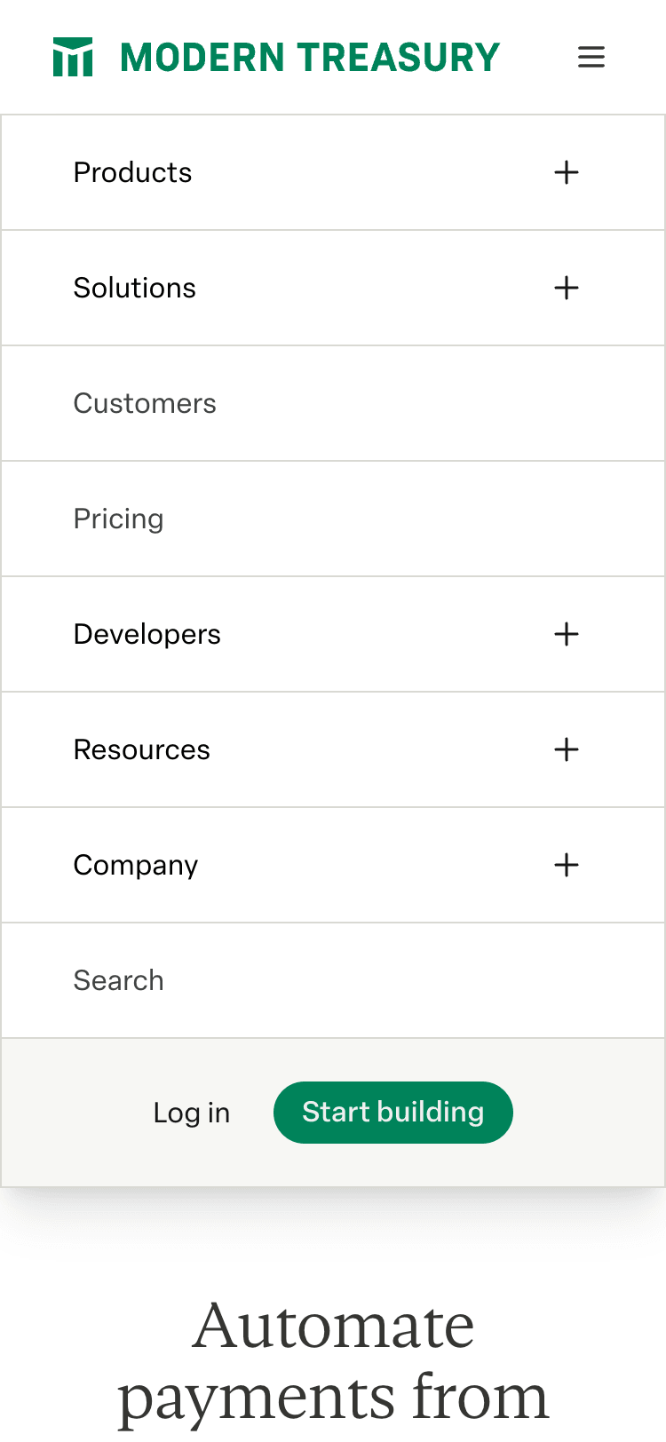 Mobile screenshot of the Modern Treasury site navigation. The navigation sits on top of the website content and lists the main pages. Some of the list items contain a 'plus' icon suggesting that they are sections that can be expanded.